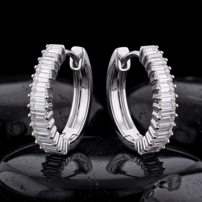 Baguette Diamond Pave Huggie Earrings in 14K White Gold