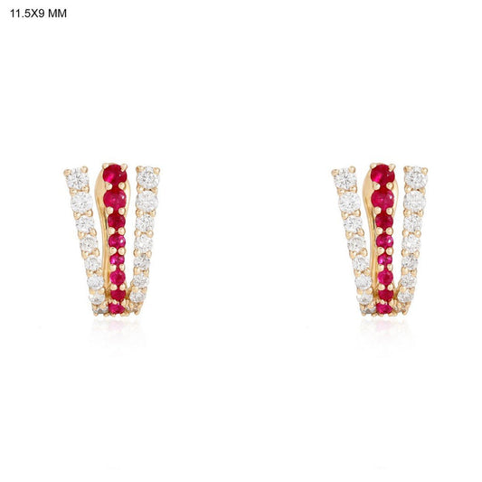 Ruby Diamond V Bar Stud Earrings in 14K Yellow Gold