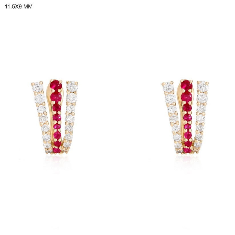 Ruby Diamond V Bar Stud Earrings in 14K Yellow Gold