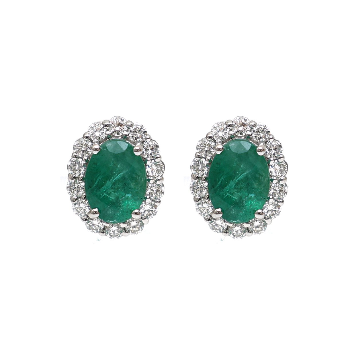 Emerald Halo 18K Natural Diamond White Gold Earrings
