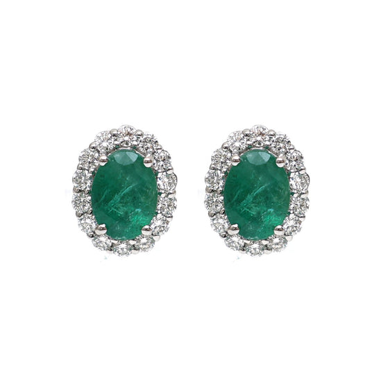 Emerald Halo 18K Natural Diamond White Gold Earrings
