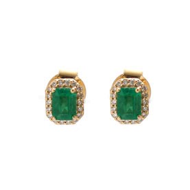 Emerald Cut Emerald Halo 18K Natural Diamond Yellow Gold Stud Earrings