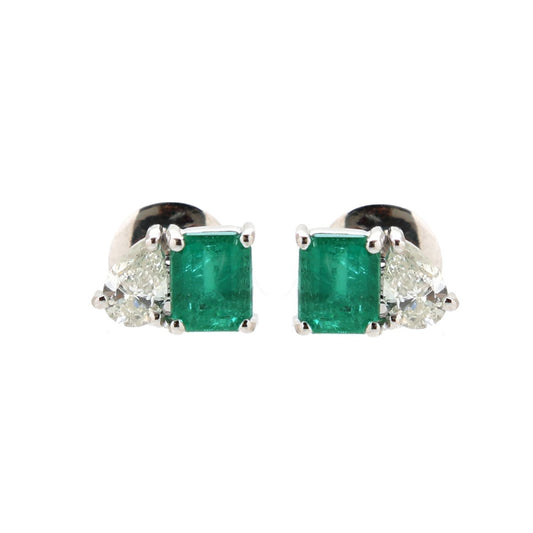 Emerald Pear Accent 18K Natural Diamond White Gold Stud Earrings
