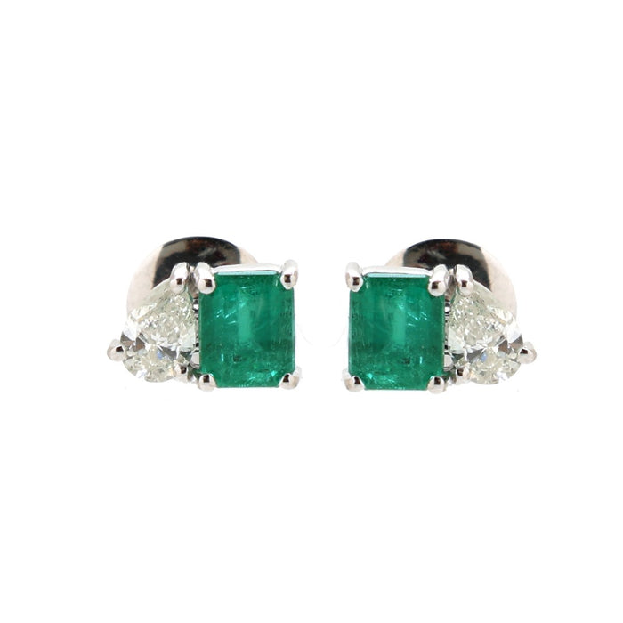 Emerald Pear Accent 18K Natural Diamond White Gold Stud Earrings