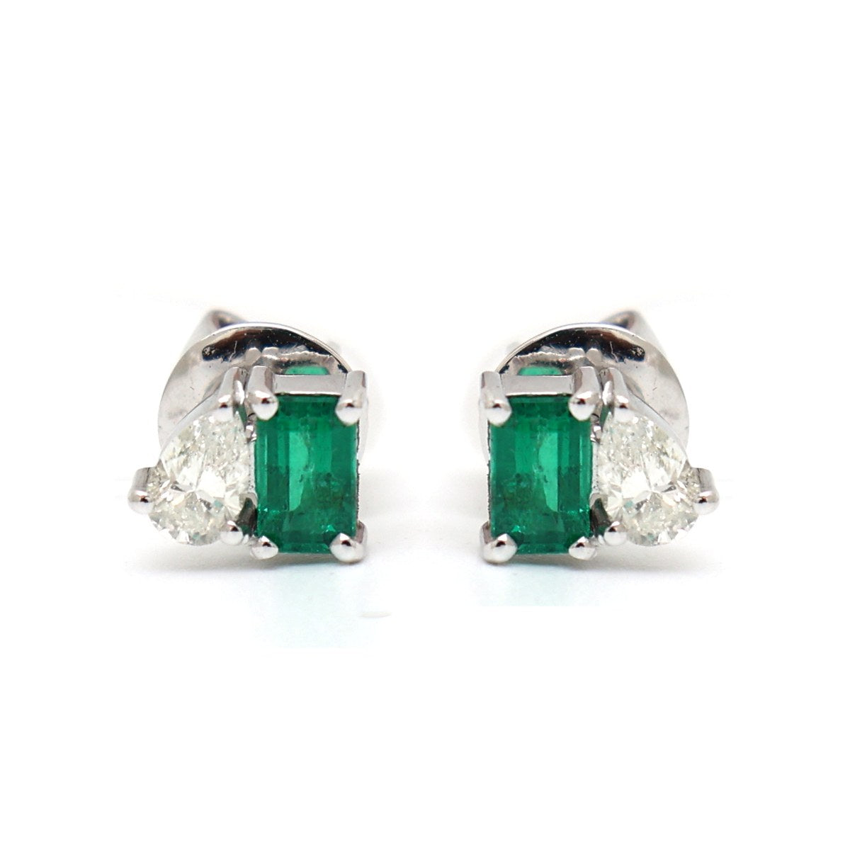 Emerald Pear 18K Natural Diamond White Gold Three-Stone Stud Earrings