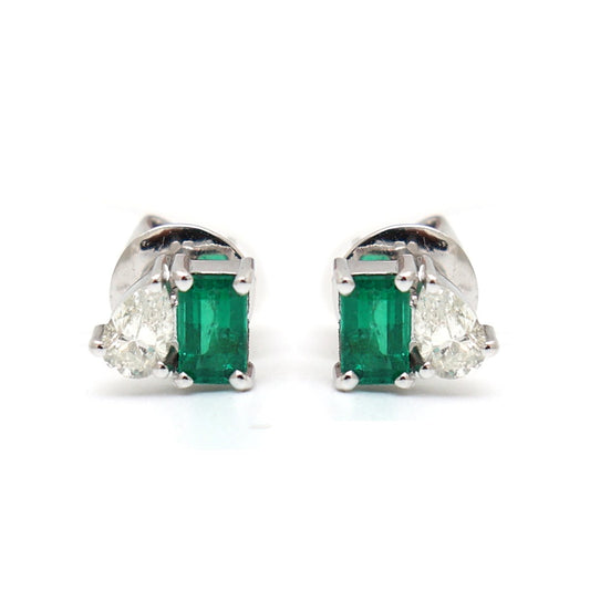Emerald Pear 18K Natural Diamond White Gold Three-Stone Stud Earrings