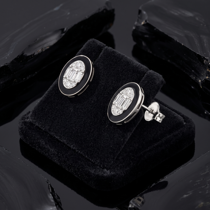 Oval Black Enamel Diamond Cluster Stud Earrings in 14K Yellow Gold
