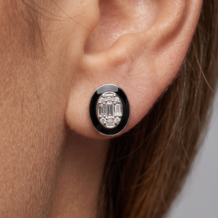 Oval Black Enamel Diamond Cluster Stud Earrings in 14K Yellow Gold