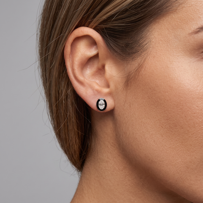 Oval Black Enamel Diamond Cluster Stud Earrings in 14K Yellow Gold