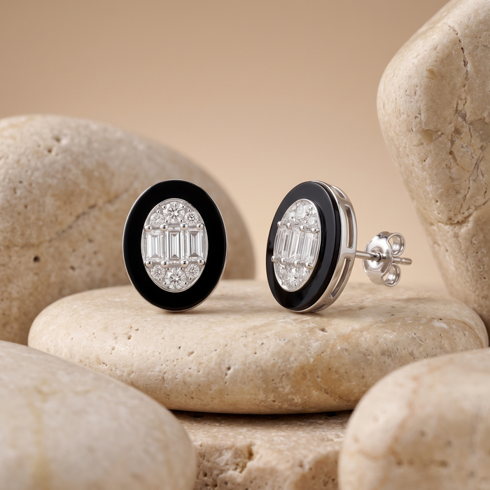Oval Black Enamel Diamond Cluster Stud Earrings in 14K Yellow Gold