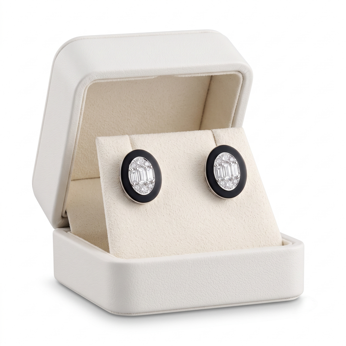 Oval Black Enamel Diamond Cluster Stud Earrings in 14K Yellow Gold