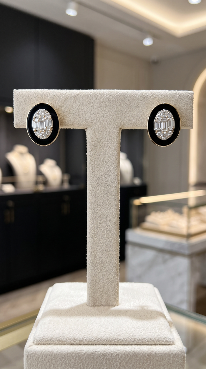 Oval Black Enamel Diamond Cluster Stud Earrings in 14K Yellow Gold