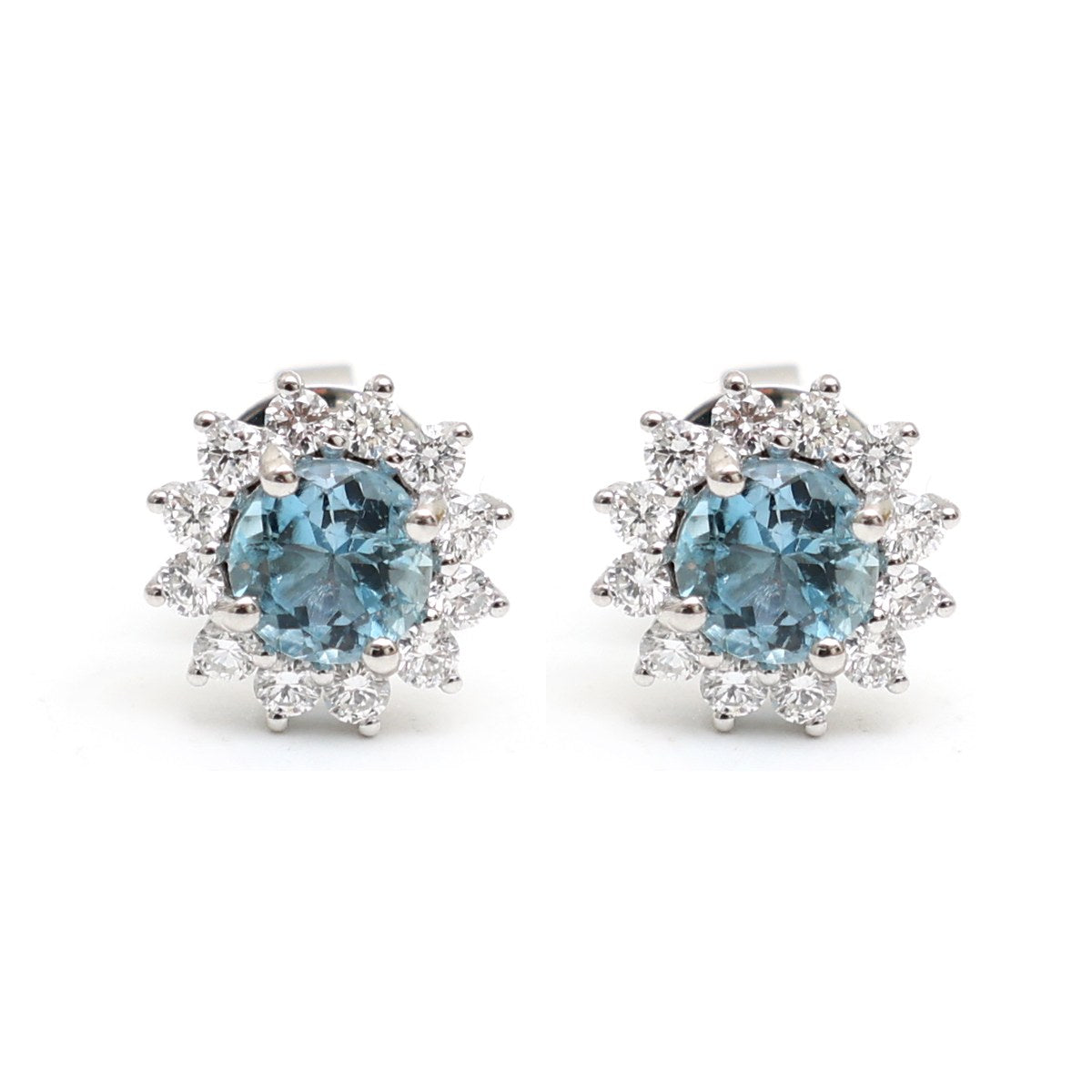 Aquamarine & Natural Diamond Floral Halo Stud Earrings in 18K White Gold