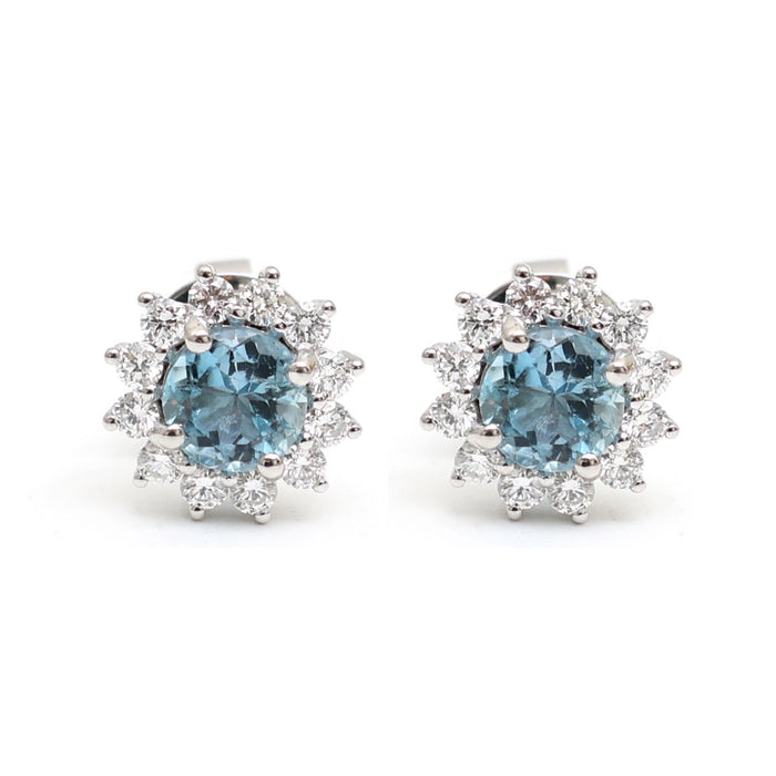 Aquamarine & Natural Diamond Floral Halo Stud Earrings in 18K White Gold