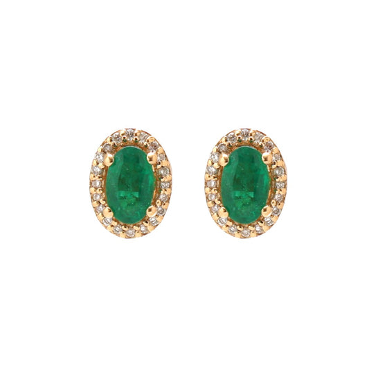 Emerald & Natural 18K Diamond Halo Stud Earrings Yellow Gold