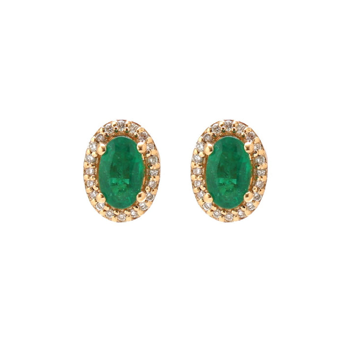 Emerald & Natural 18K Diamond Halo Stud Earrings Yellow Gold