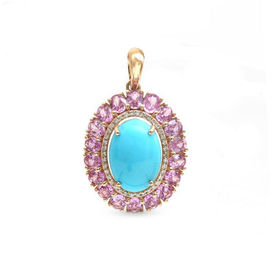 Radiant Turquoise & Pink Sapphire 14K (18K Custom) Lab-Diamond Pendant