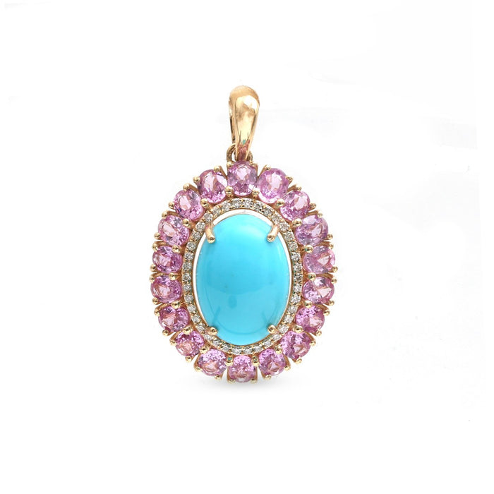 Radiant Turquoise & Pink Sapphire 14K (18K Custom) Lab-Diamond Pendant