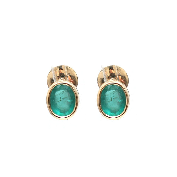 Oval Emerald Bezel 14K (18K Custom)  Yellow Gold Stud Earrings