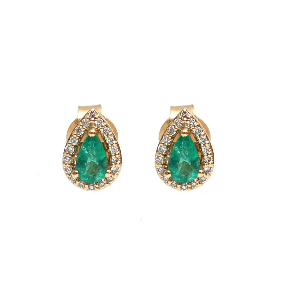 Pear Emerald Halo 18K Natural Diamond Yellow Gold Stud Earrings
