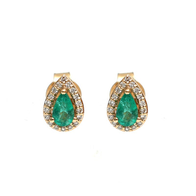 Pear Emerald Halo 18K Natural Diamond Yellow Gold Stud Earrings