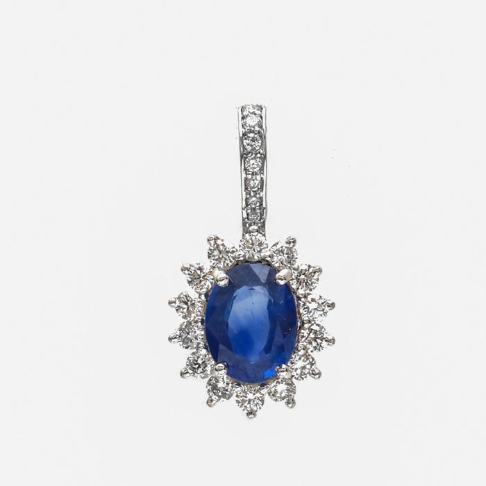 Oval Blue Sapphire Diamond 18K White Gold Pendant Necklace