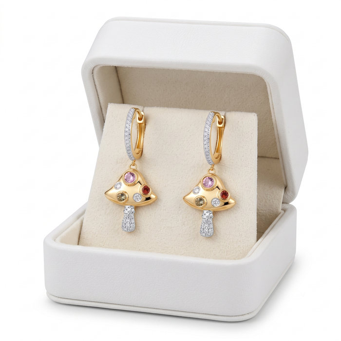 Multi Gemstone Diamond Mushroom Drop Earrings in 14K Yellow Gold