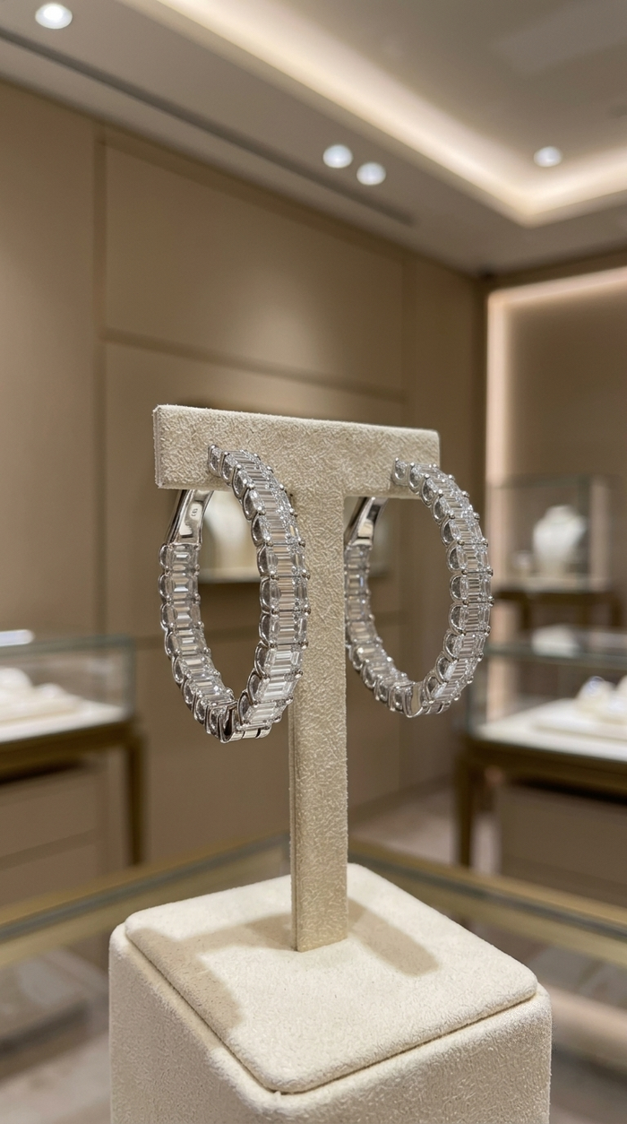 Emerald Cut Diamond Eternity Hoop Earrings in 18K White Gold