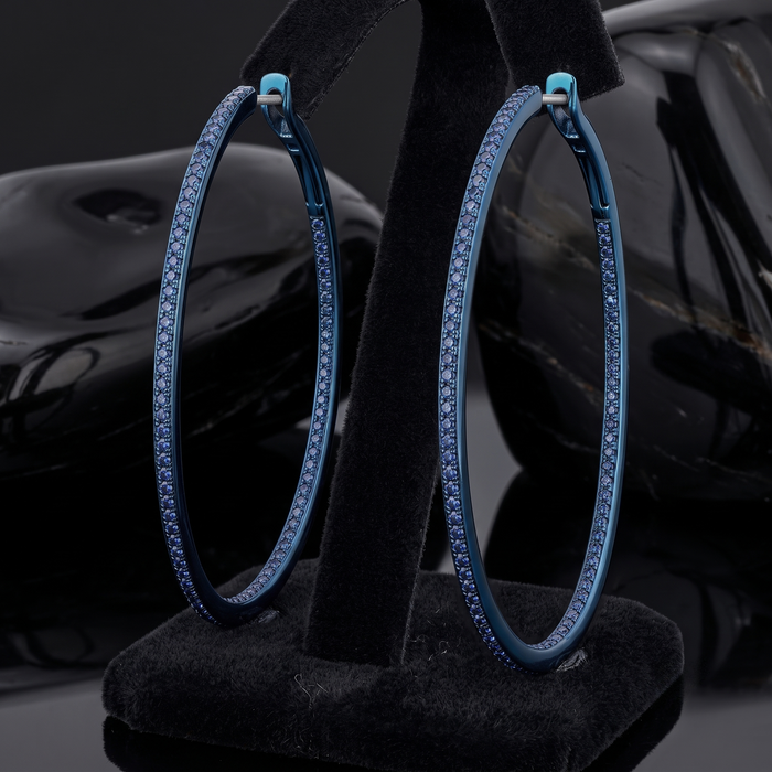 Blue Sapphire Diamond Hoop Earrings in 14K Yellow Gold