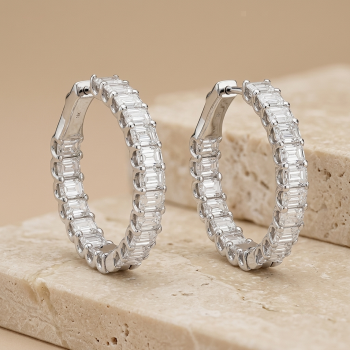 Emerald Cut Diamond Eternity Hoop Earrings in 18K White Gold