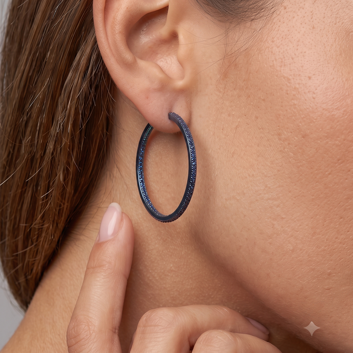 Blue Sapphire Diamond Hoop Earrings in 14K Yellow Gold