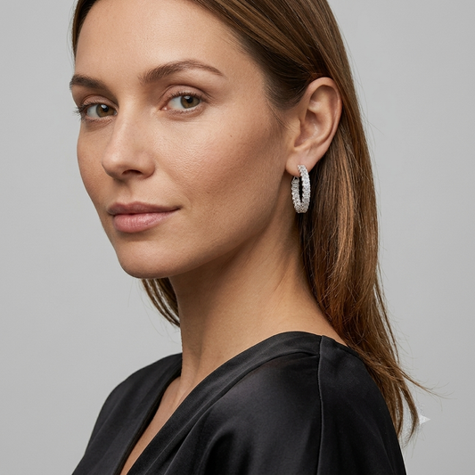 Emerald Cut Diamond Eternity Hoop Earrings in 18K White Gold