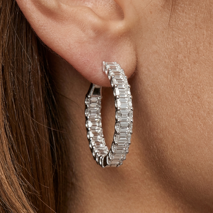 Emerald Cut Diamond Eternity Hoop Earrings in 18K White Gold