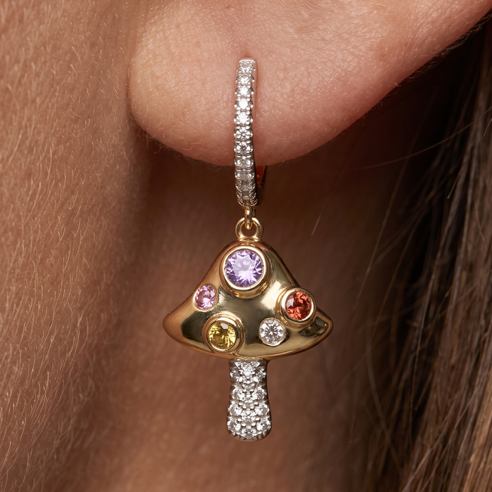 Multi Gemstone Diamond Mushroom Drop Earrings in 14K Yellow Gold