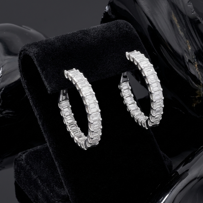 Emerald Cut Diamond Eternity Hoop Earrings in 18K White Gold