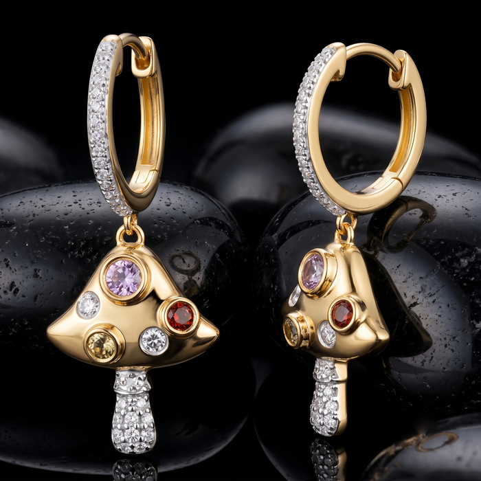 Multi Gemstone Diamond Mushroom Drop Earrings in 14K Yellow Gold