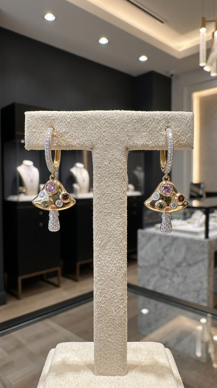Multi Gemstone Diamond Mushroom Drop Earrings in 14K Yellow Gold