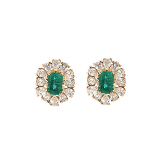 Emerald Bloom Cluster 18K Natural Diamond Yellow Gold Stud Earrings