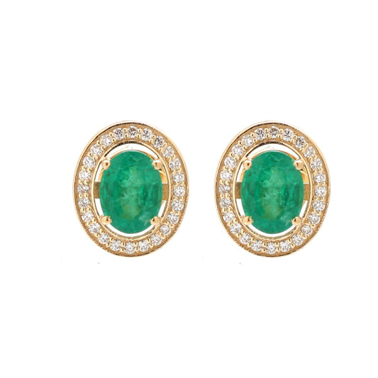 Emerald Essence Halo 18K Natural Diamond Yellow Gold Stud Earrings