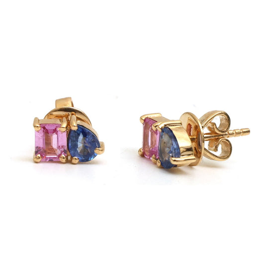 Blue Sapphire Pink Sapphire 18K Yellow Gold Stud Earrings