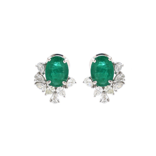 Emerald Cluster 18K Natural Diamond White Stud Earrings