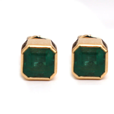 Asscher Cut Emerald 18K Yellow Gold Solitaire Stud Earrings