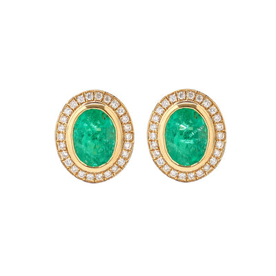 Oval Emerald & Natural 18K  Diamond Halo Stud Earrings Yellow Gold