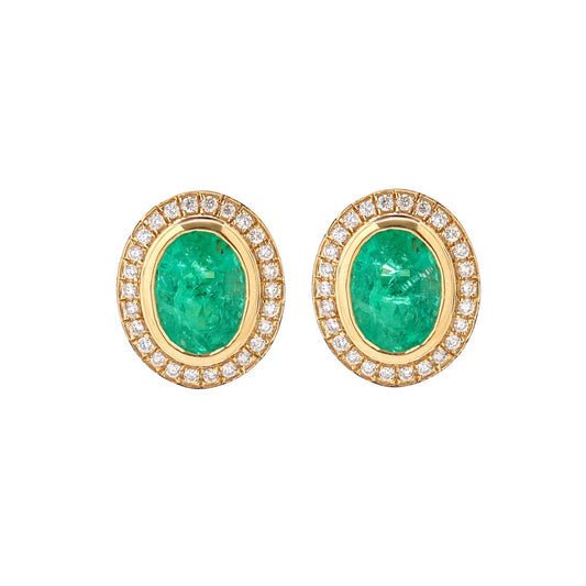 Oval Emerald & Natural 18K  Diamond Halo Stud Earrings Yellow Gold