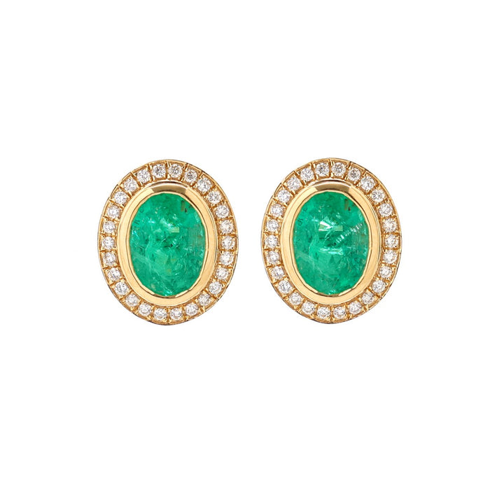 Oval Emerald & Natural 18K  Diamond Halo Stud Earrings Yellow Gold