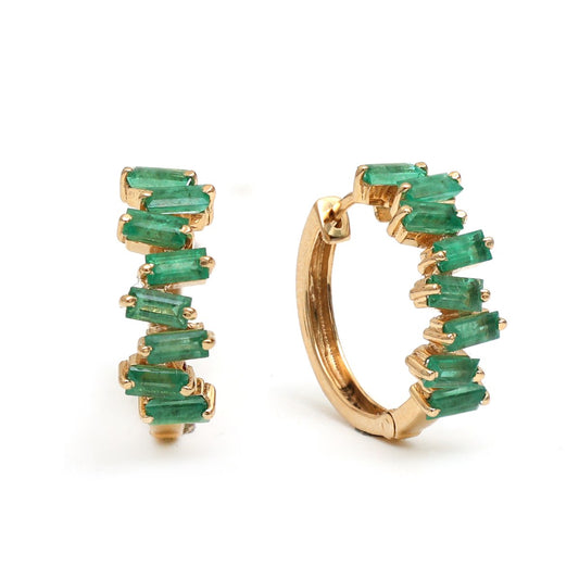 Emerald 18K Yellow Gold Huggie Hoop Earrings