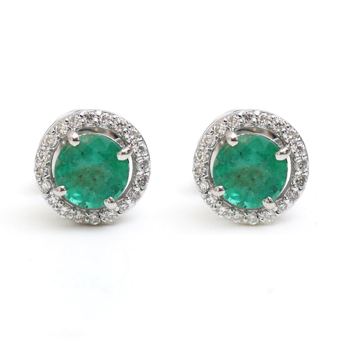 Round Emerald Halo 18K Natural Diamond White Gold Stud Earrings