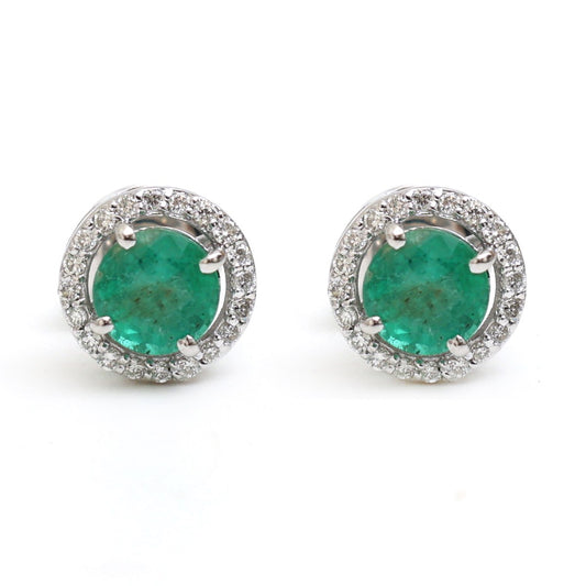 Round Emerald Radiance Halo 18K Natural Diamond White Gold Stud Earrings