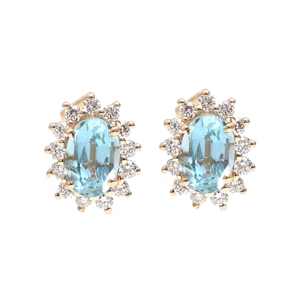 Aquamarine & Natural Diamond Halo Stud Earrings in 14K Yellow Gold