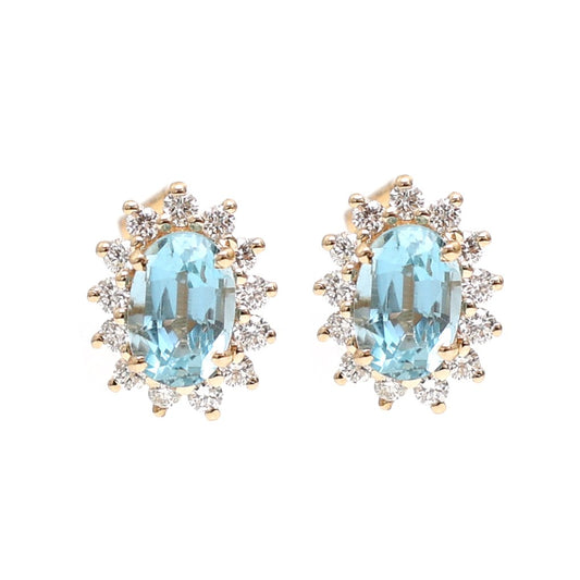 Aquamarine & Natural Diamond Halo Stud Earrings in 14K Yellow Gold